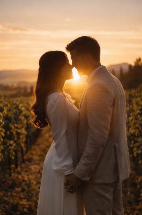 Fotógrafa de bodas en Canyelles pareja de novios al atardecer entre viñedos
