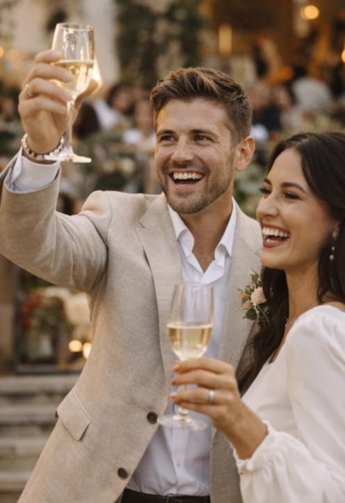 Fotógrafa de bodas en Olivella pareja brindando en una boda en masía