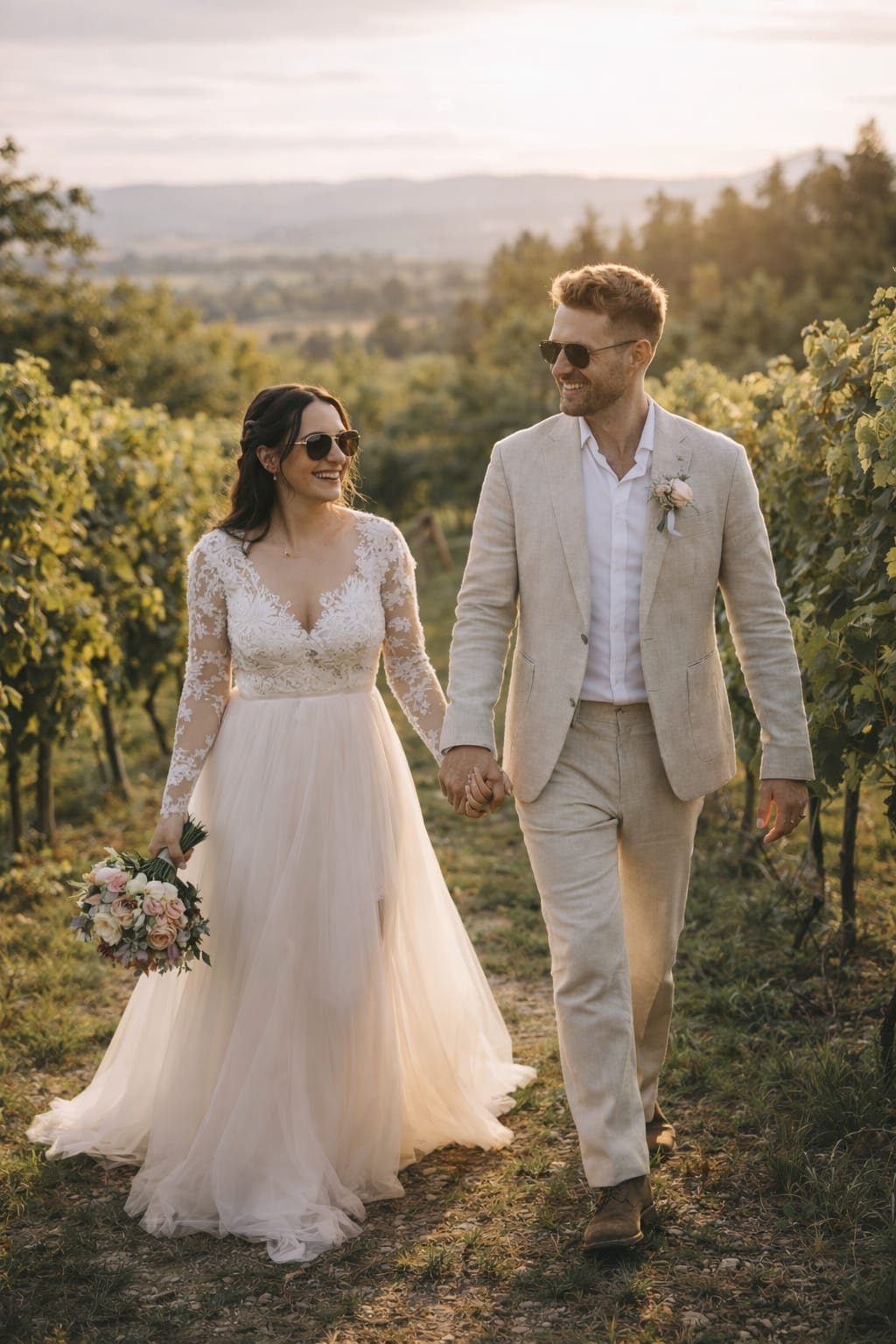 Fotógrafa de bodas en Sant Pere de Ribes pareja caminando entre viñedos